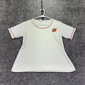 Vtg Strawberry Shirt Womens Large White Ringer Short Sleeve Crew Neck Casual